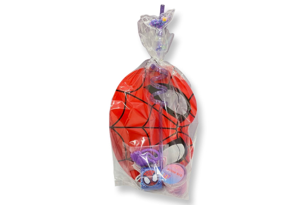 A bag of candy is shown with a spider-man balloon.