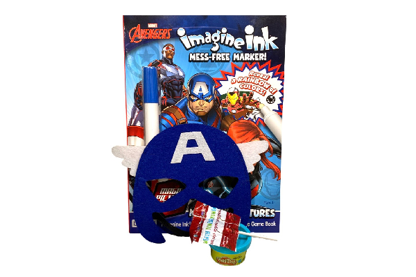 A book with an avengers mask and coloring set.