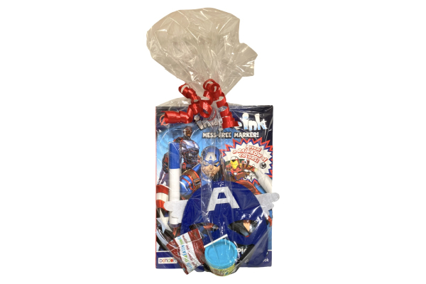 A gift bag with a captain america costume and other items.