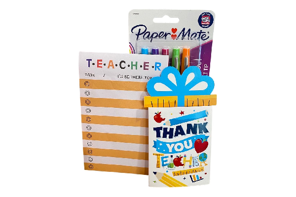 A thank you card and pencils are shown.