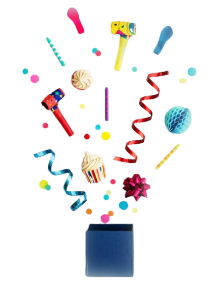 A blue vase with many different items floating in the air.